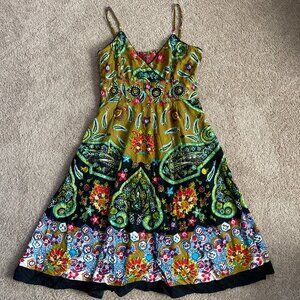 Vintage Y2K Babydoll Bohemian Sequin Midi Artsy Dress Womens M 100% Cotton India